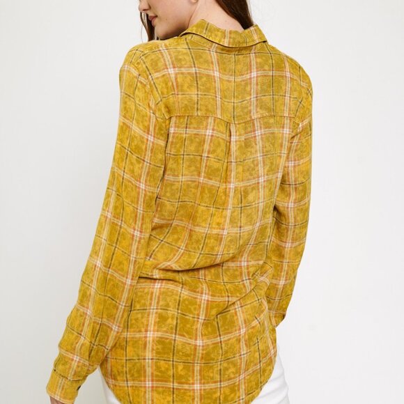 MYSTREE Mustard Yellow Plaid Button-Up Shirt, Fall Flannel Style Casual Layering - Picture 3 of 5